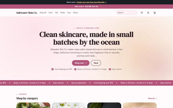 Home page of the Glow demo shop